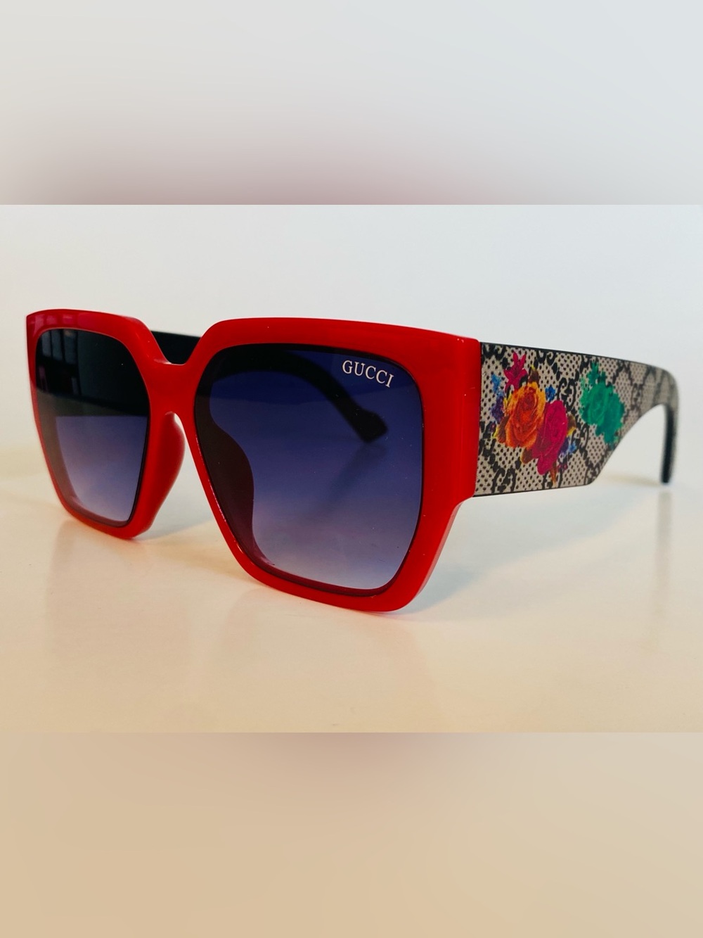 Gucci Red Frame Sunglasses with Floral Snake-Print Temples
